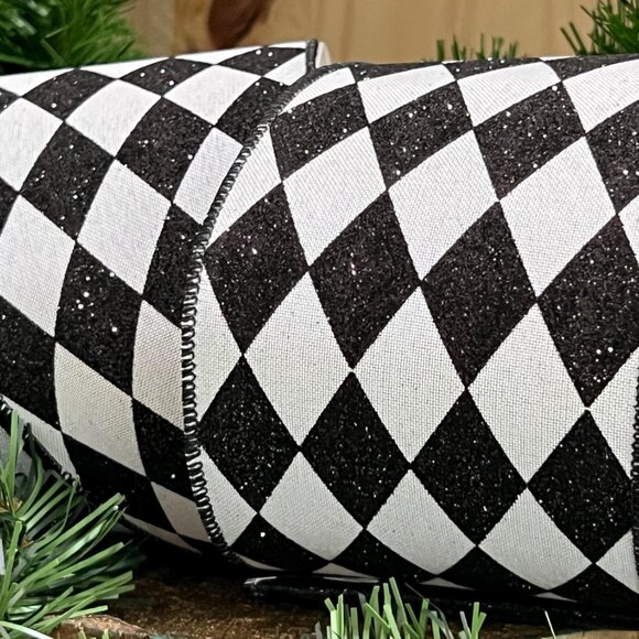 4 inch 30 Feet Black & White Glitter Harlequin Wired Edge Ribbon Crafts 10 Yards - Picture 1 of 7